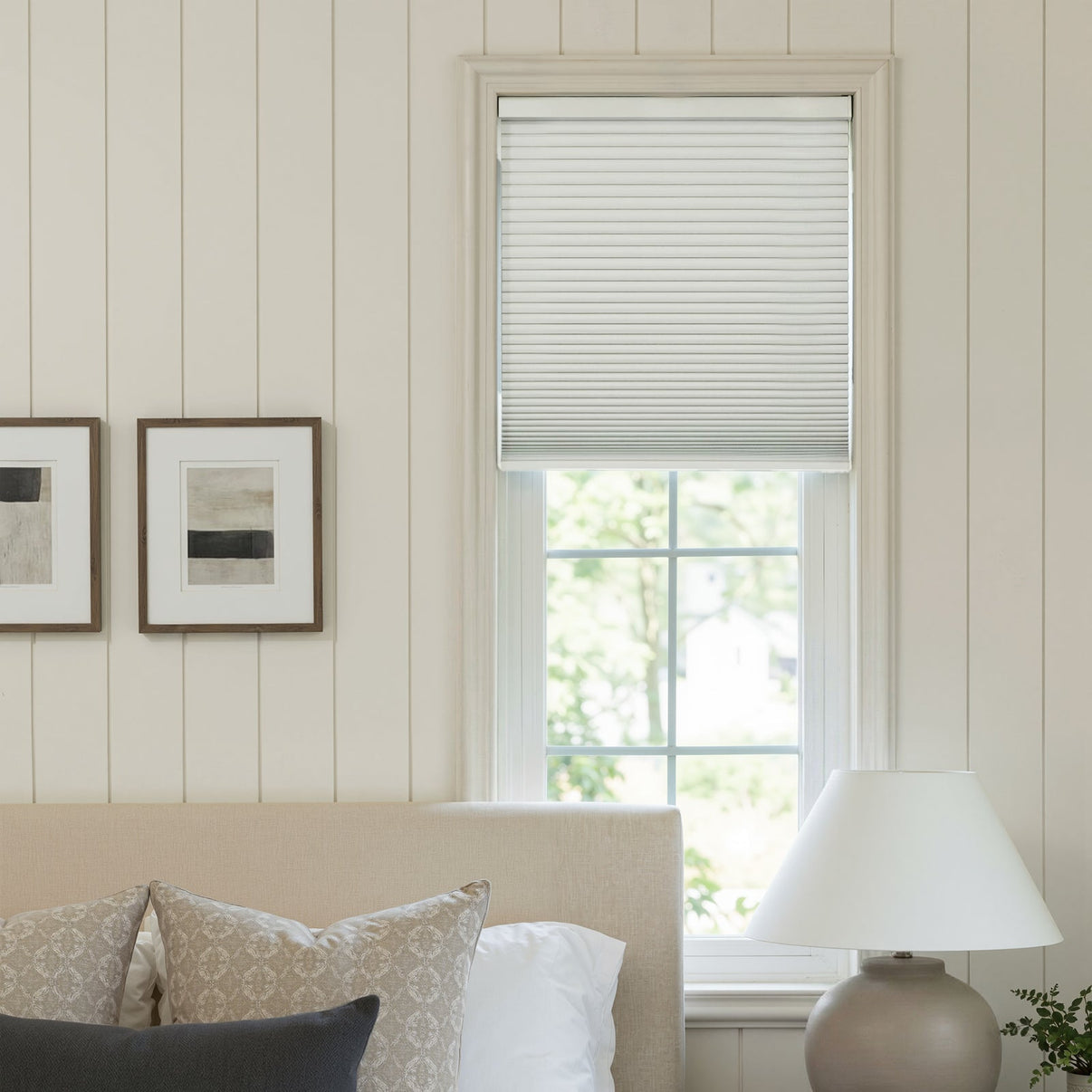 White Briar thermal blackout cellular shade, custom window treatment.