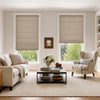 Clara textured light filtering Roman shades in beige on living room windows