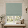 Alder linen-look blackout Roman shade in soft green, no-drill inside mount