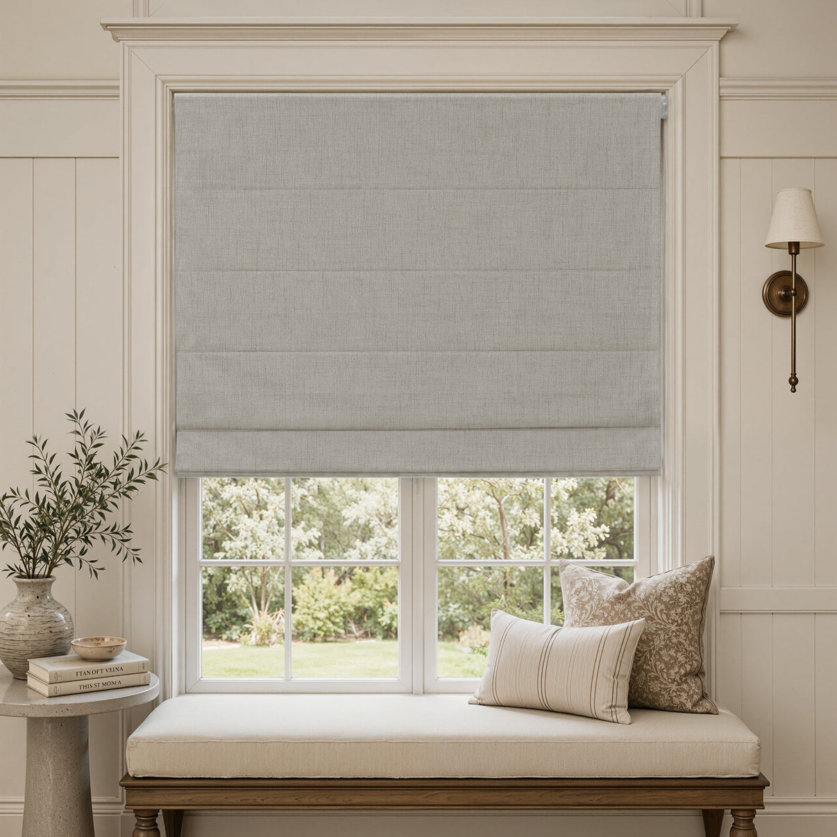 Alder linen look blackout Roman shade in light gray with no-drill inside mount