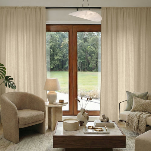 Custom Oak Cotton Linen semi-blackout curtain in natural beige with textured weave.