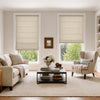 Clara textured light filtering Roman shades in beige, custom window treatments for soft daylight