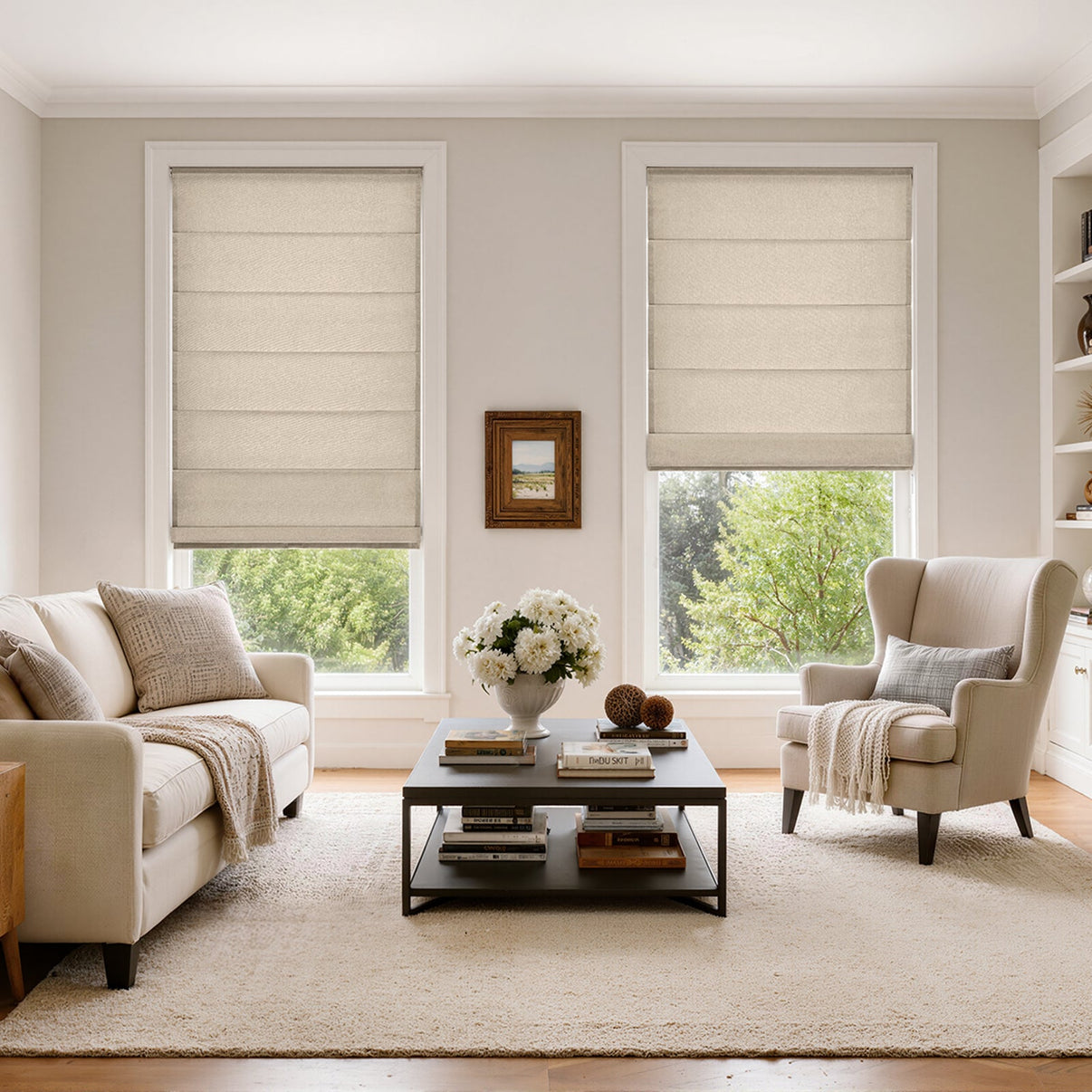 Clara textured light filtering Roman shades in beige, custom window treatments for soft daylight