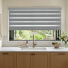 Custom Marlow grey zebra shade: light filtering, alternating sheer bands, window treatment.