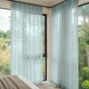 Linden custom light blue linen blend sheer curtains, pinch pleated, airy window treatments.