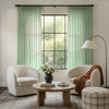 Meadow geometric sheer curtain, light green, custom window treatment with pom-pom trim.