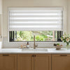 Marlow Light Filtering Zebra Shade, white custom blinds & shades with alternating bands.