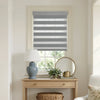 Grey and white Marlow No-Drill sheer Zebra Shade with dual-layer fabric.