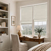 Haven linen blend blackout Roman shades in soft beige, custom window treatments for a bright bedroom
