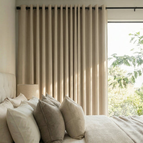Beige triple weave polyester blackout curtains, custom window treatment for bedroom.